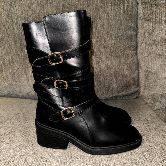 JustFab Boots Women's US 8 Black Plain Belt Buckle Side Zip Block Heel Shoes - Picture 1 of 6